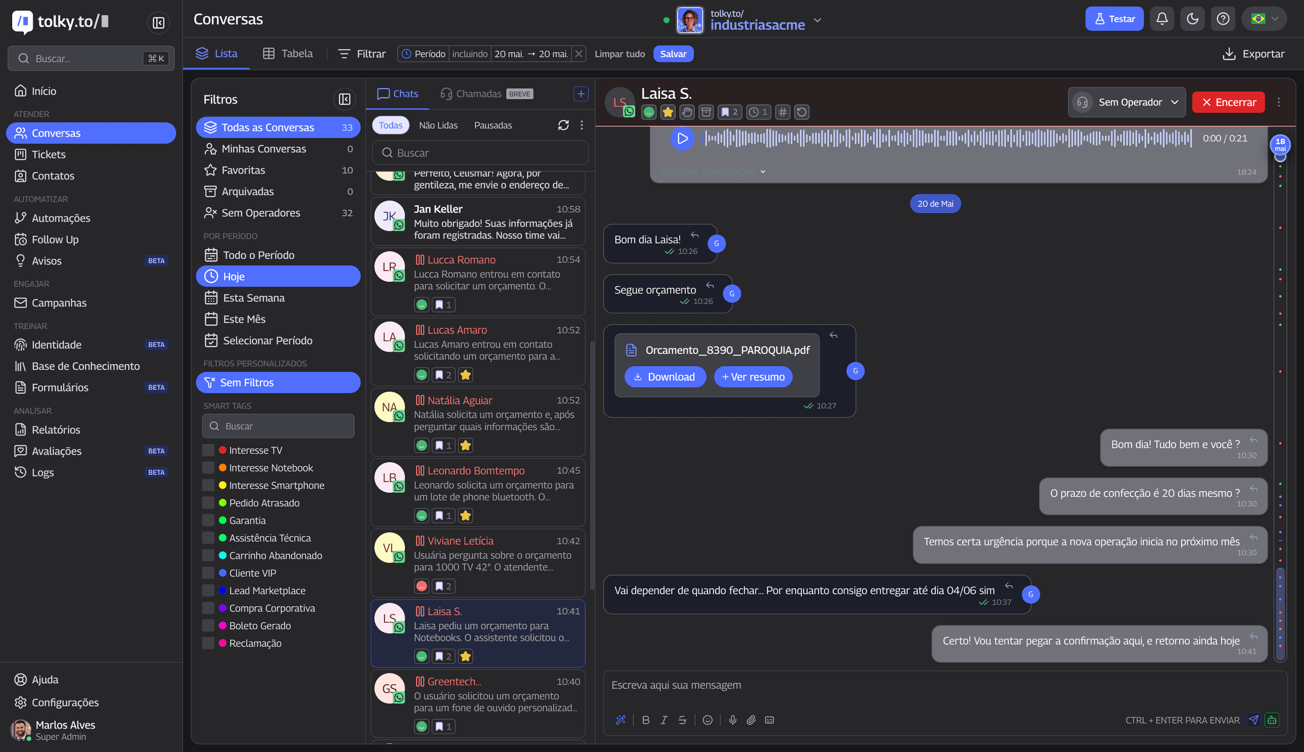 Painel de conversas da Tolky: IA e atendentes humanos trabalhando com histórico e gestão de filas contextualizadas